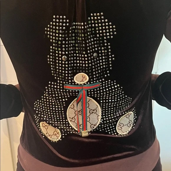 GUCCI-Women's Velvet Tracksuit in Dark Brown with Rhinestone Bears. - Picture 14 of 16